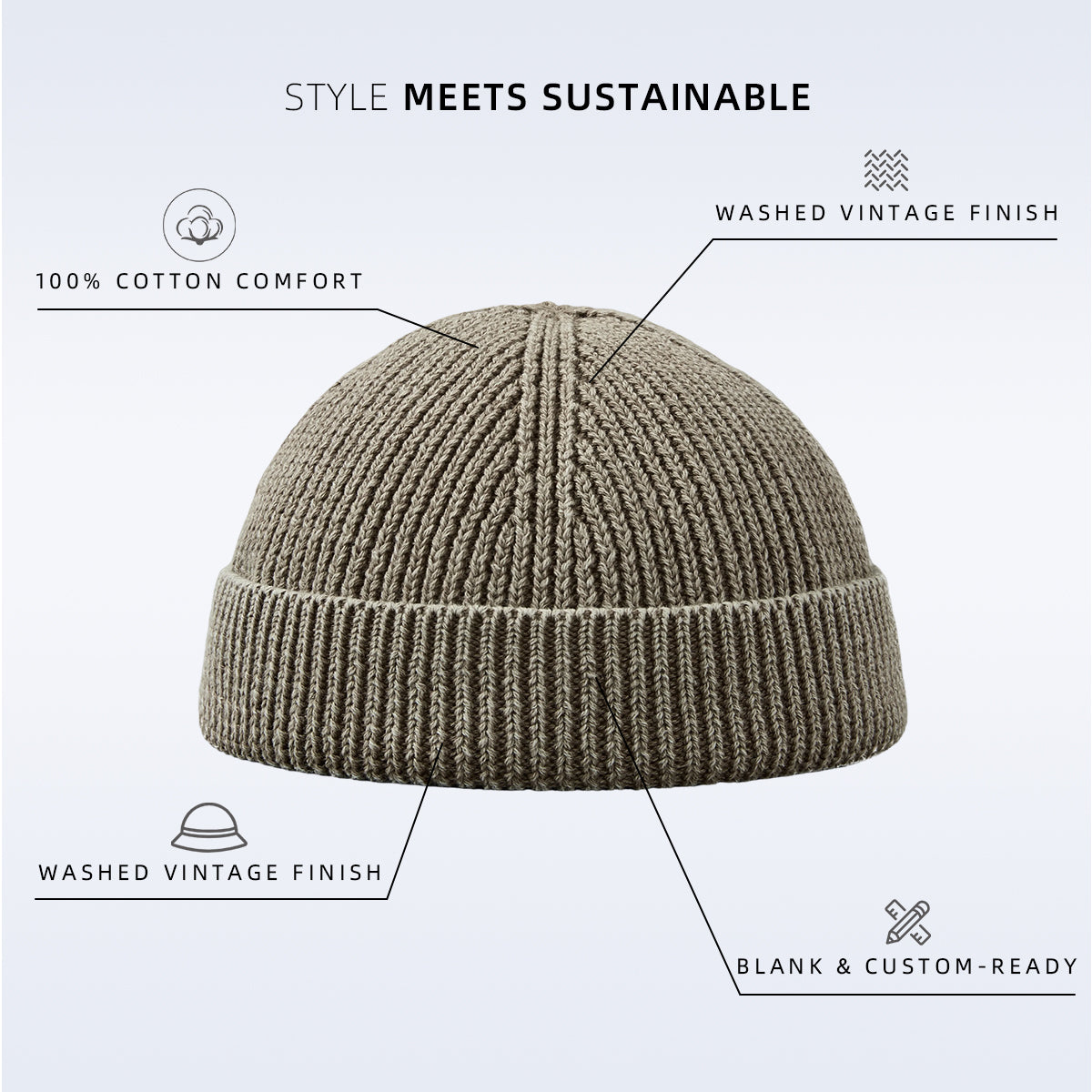 Blank Vintage Organic Cotton Short Fisherman Beanie Wholesale - 1359