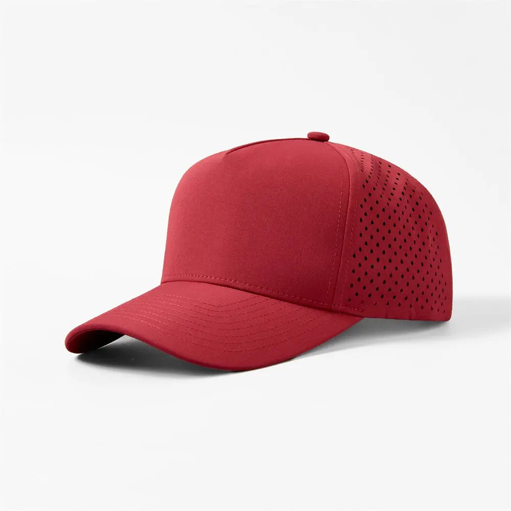 Blank 5 Panel Water Repellent Recycled Perforated Snapback Golf Hat- 6526 Red foremosthat