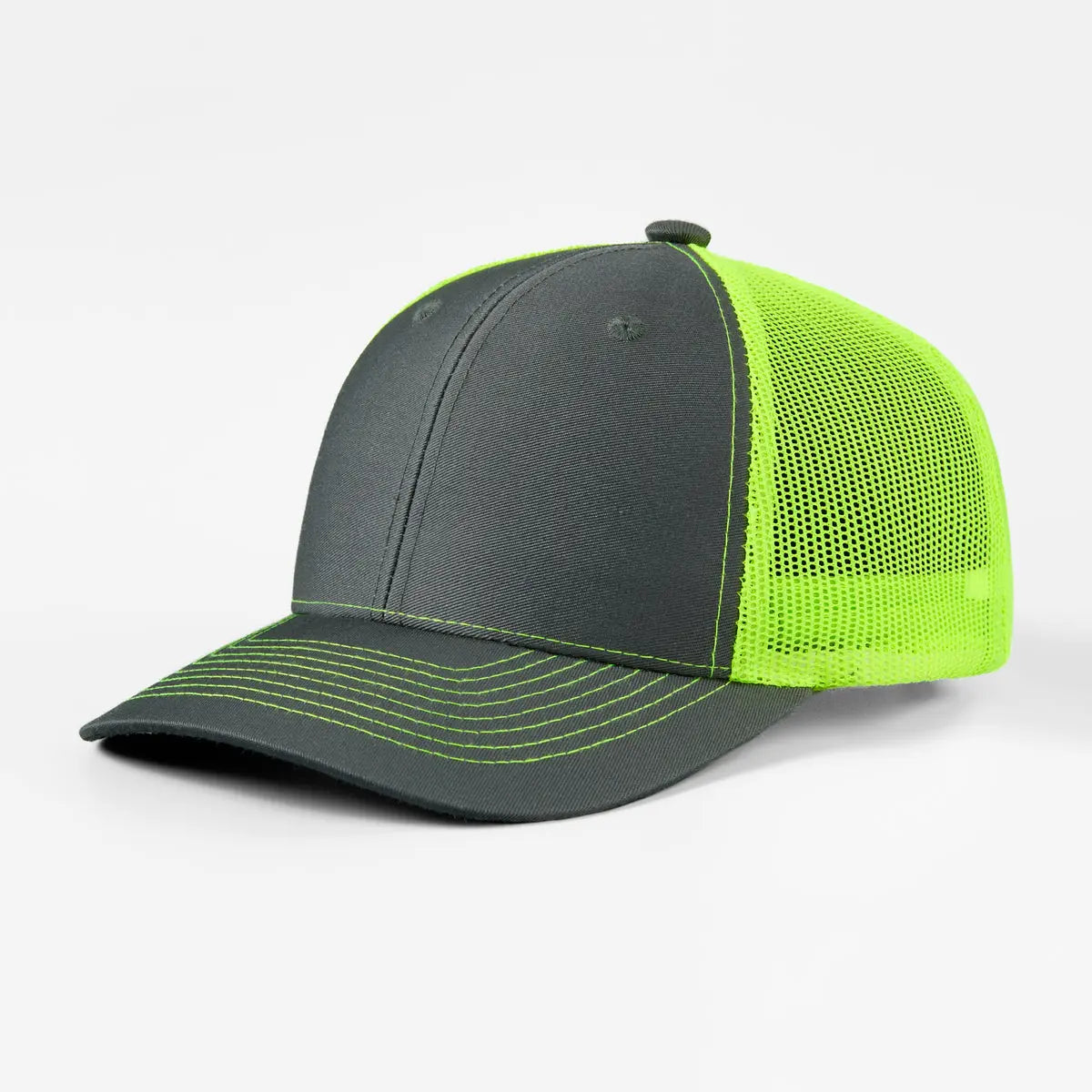 Blank 6 Panel Structured Mesh Trucker Hat - 7018 Charcoal+Neon Yellow Foremost Hat