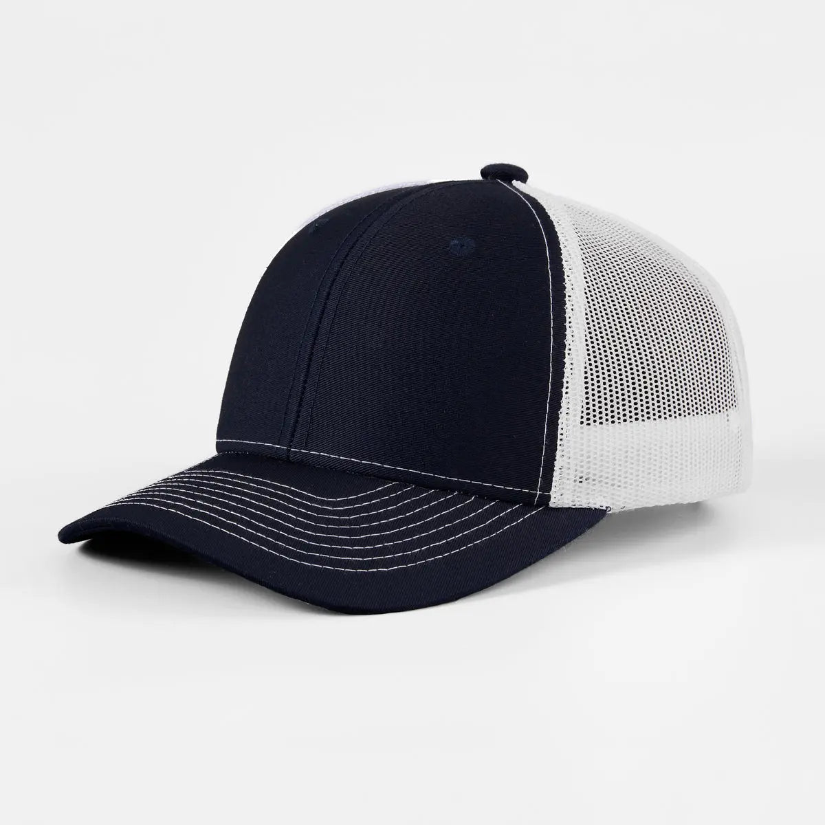 Blank 6 Panel Structured Mesh Trucker Hat - 7018 Navy+White Foremost Hat