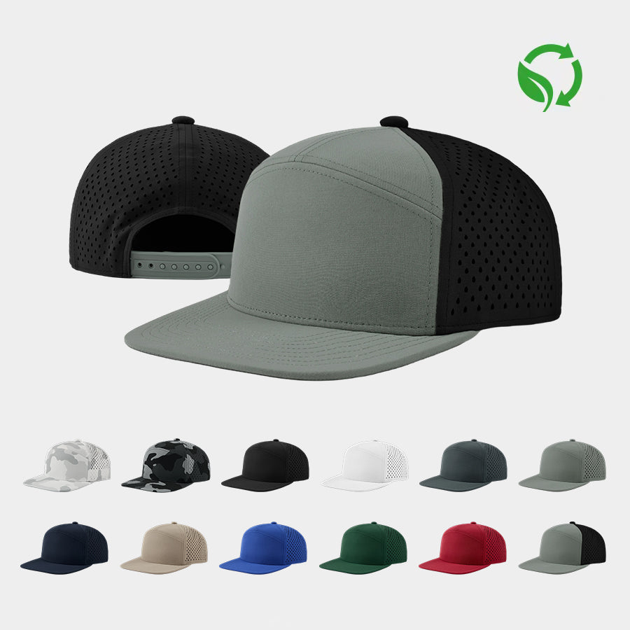 Blank Recycled 7 Panel Flat Bill Perforated Snapback Cap Wholesale - 6472     Foremost Hat-Wholesale & Custom Hats