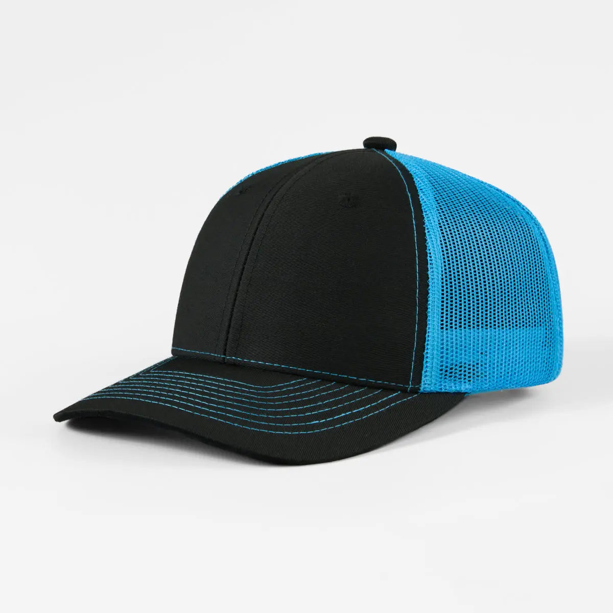 Blank 6 Panel Structured Mesh Trucker Hat - 7018  Black+Blue Foremost Hat