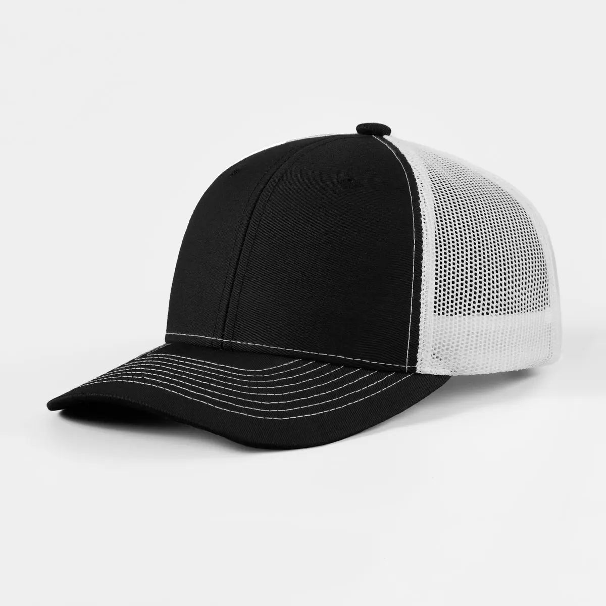 Blank 6 Panel Structured Mesh Trucker Hat - 7018  Black+White Foremost Hat