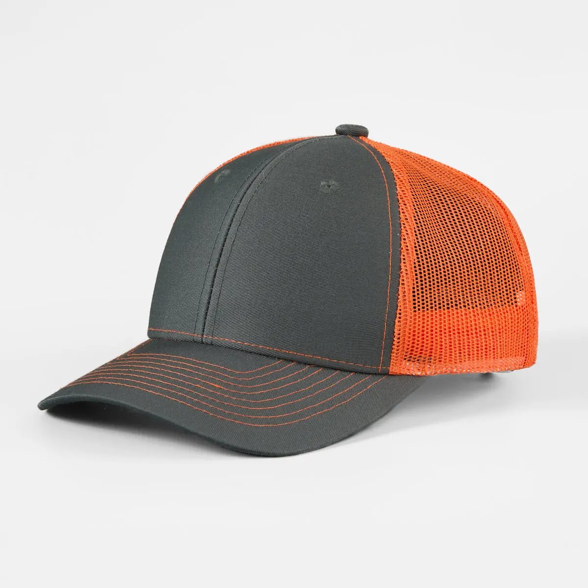 Blank 6 Panel Structured Mesh Trucker Hat - 7018  Charcoal+Neon Orange Foremost Hat