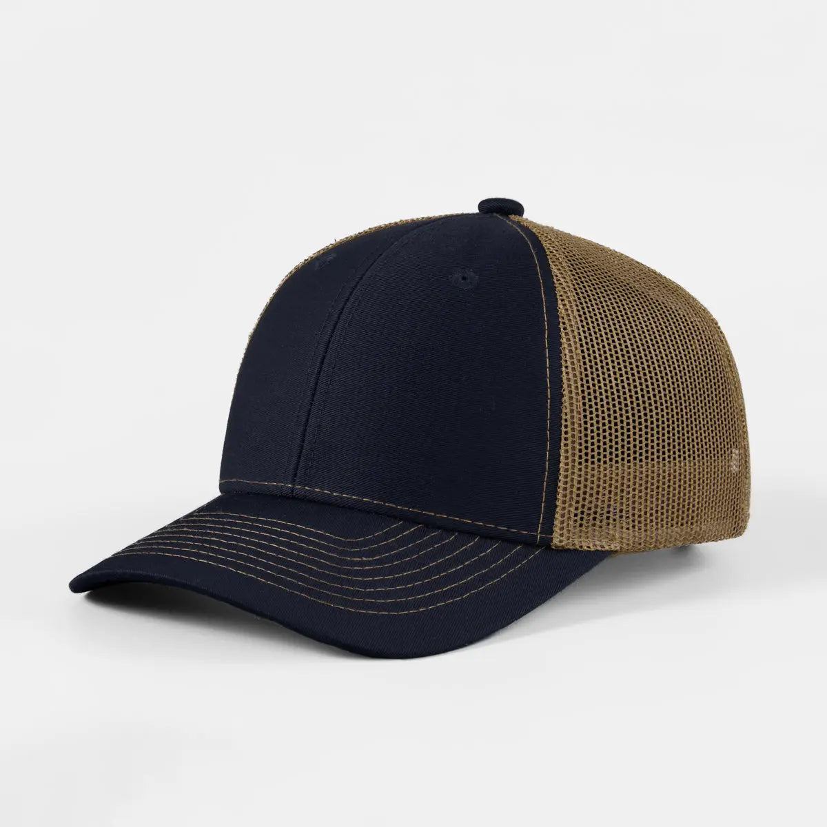 Blank 6 Panel Structured Mesh Trucker Hat - 7018  Navy+Brown Foremost Hat