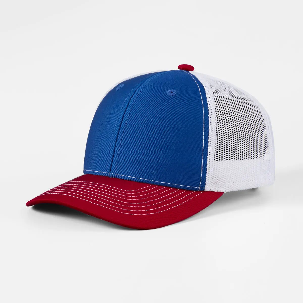 Blank 6 Panel Structured Mesh Trucker Hat - 7018  R.Blue+Red+White Foremost Hat